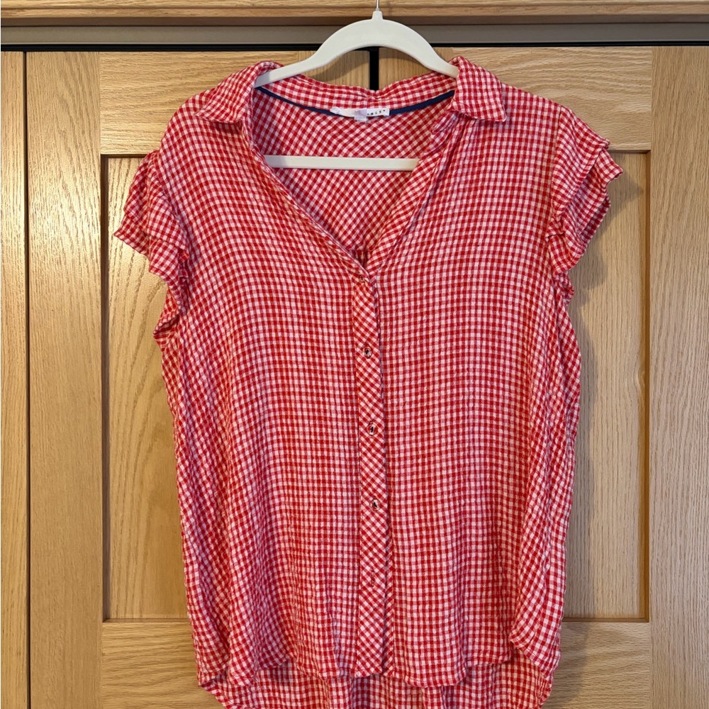 Red Gingham Button-Front Cap Sleeve Blouse